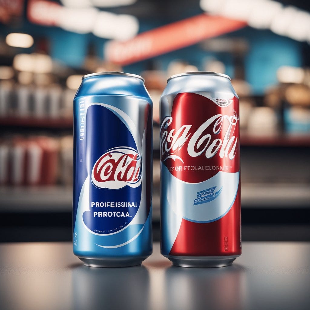 Two iconic soda cans stand side by side, one red with white lettering and the other blue with a bold white logo