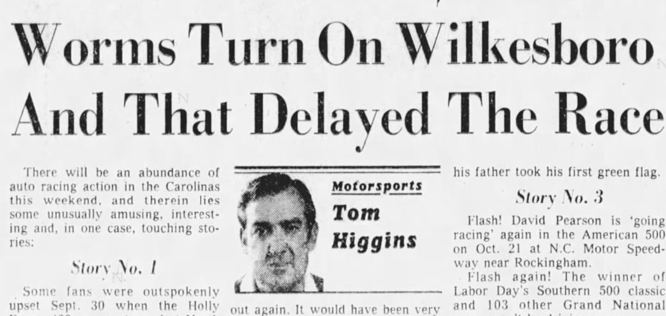 "Worms Turn On Wilkesboro and That Delayed The Race" Headline