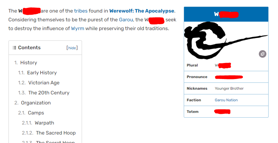 A screenshot from the Werewolf: The Apocalypse wiki showing the entry for the W*ndigo "tribe"