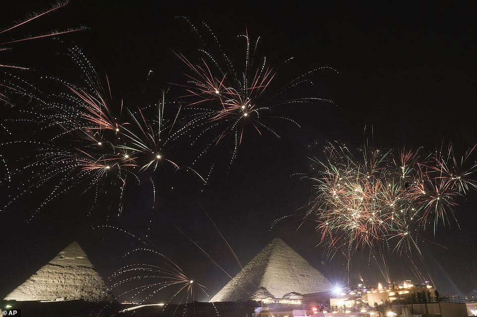 CAIRO: Fireworks spark over the historical site of Giza Pyramids, marking the new year, just outside Cairo, Egypt