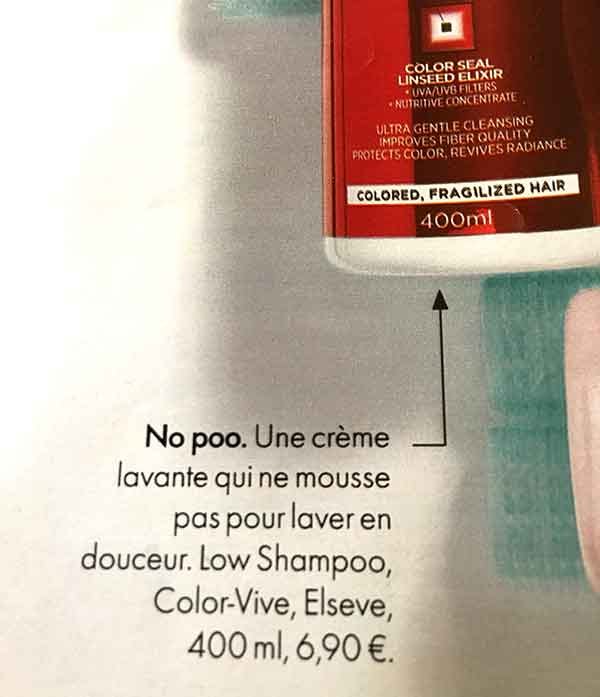 Photo of an advert in a French women's magazine with the text "No poo"