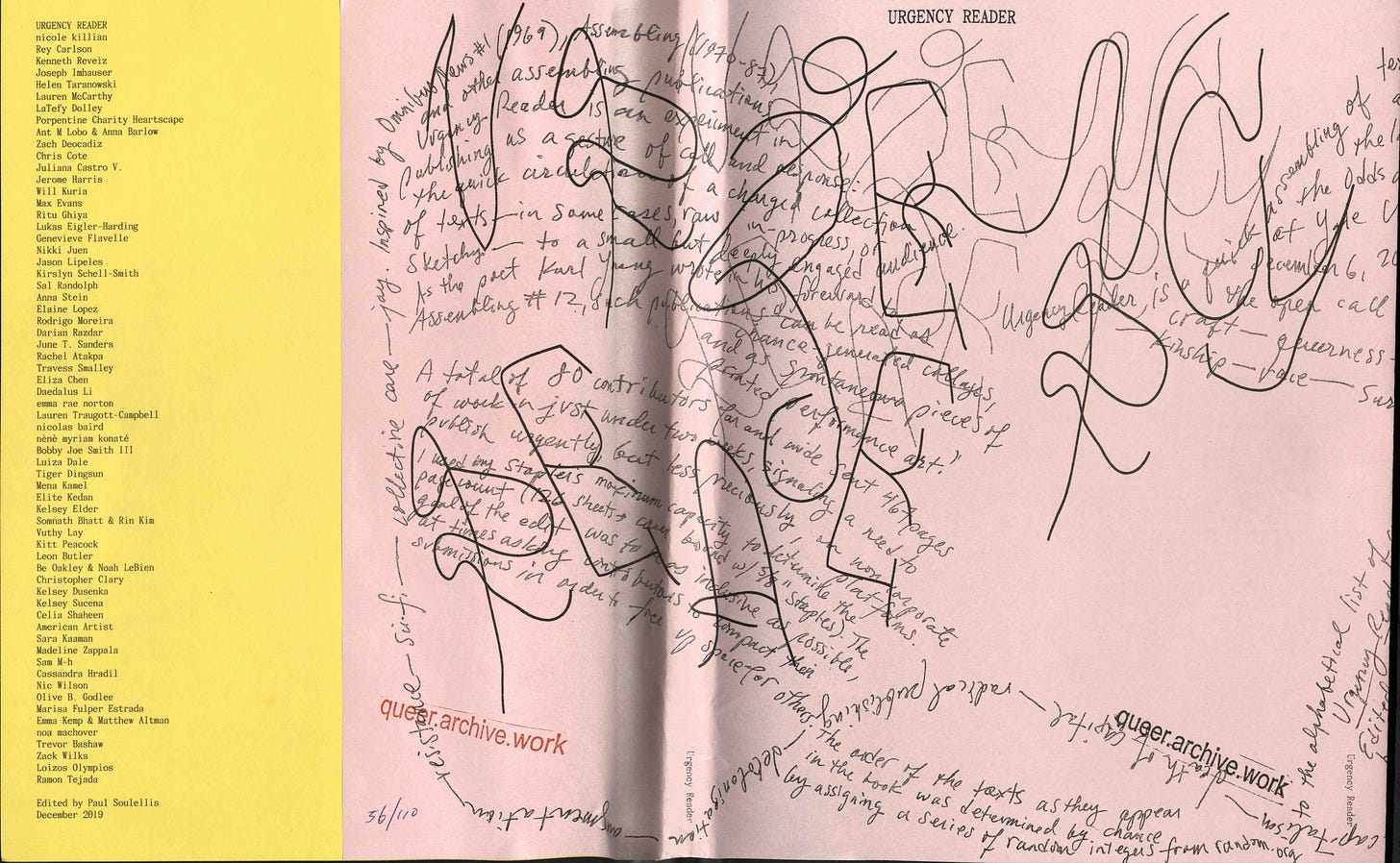 The open cover of Urgency Reader, 2019. There is a band of yellow on the left with a list of all the contributors. To the right is a large scribbly drawing with handwritten letters and notes on a pale pink background. QUEER.ARCHIVE.WORK is hand stamped in two places, once in red ink, once in black.