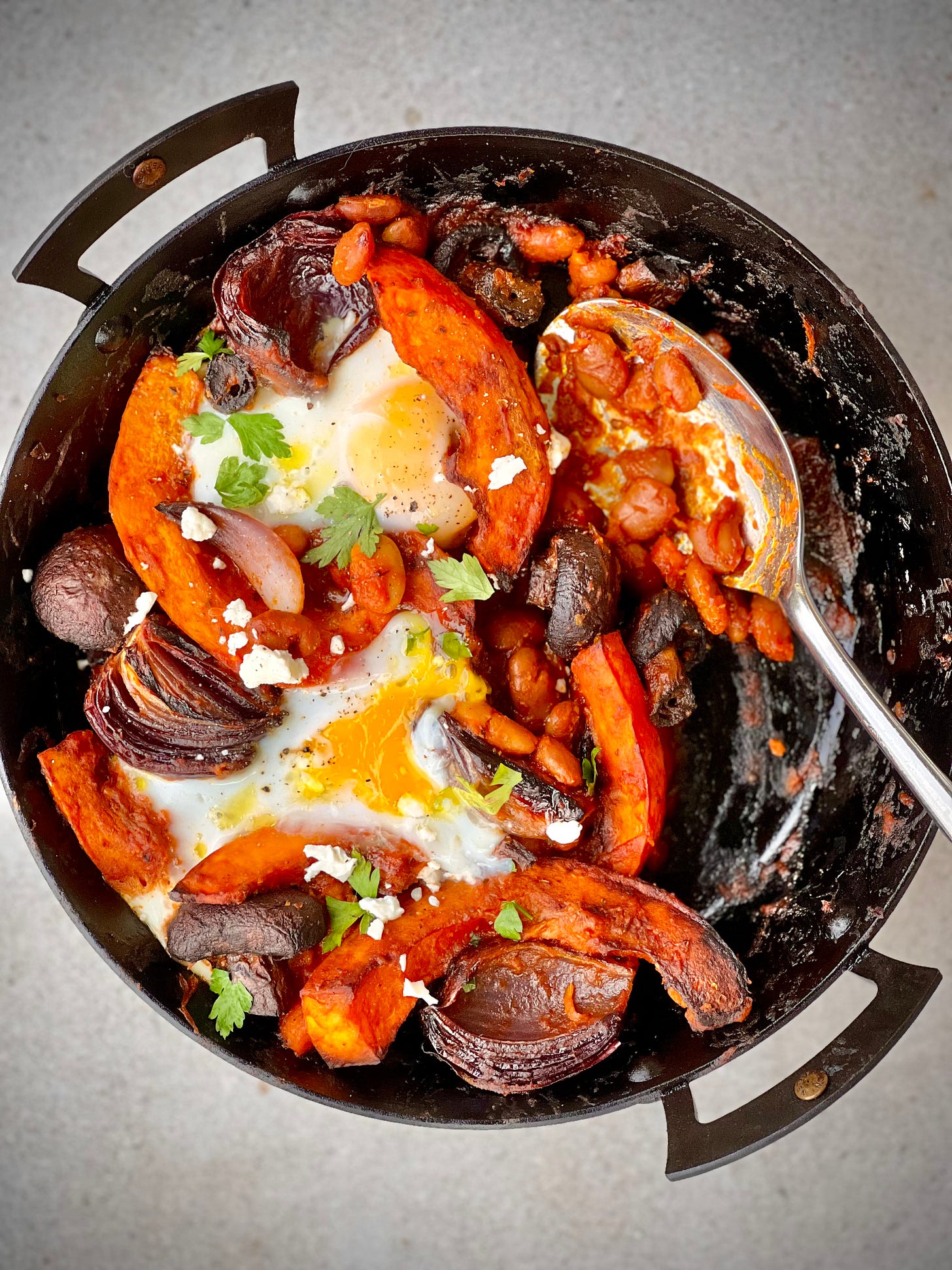 A pan of smoky squash shakshuka