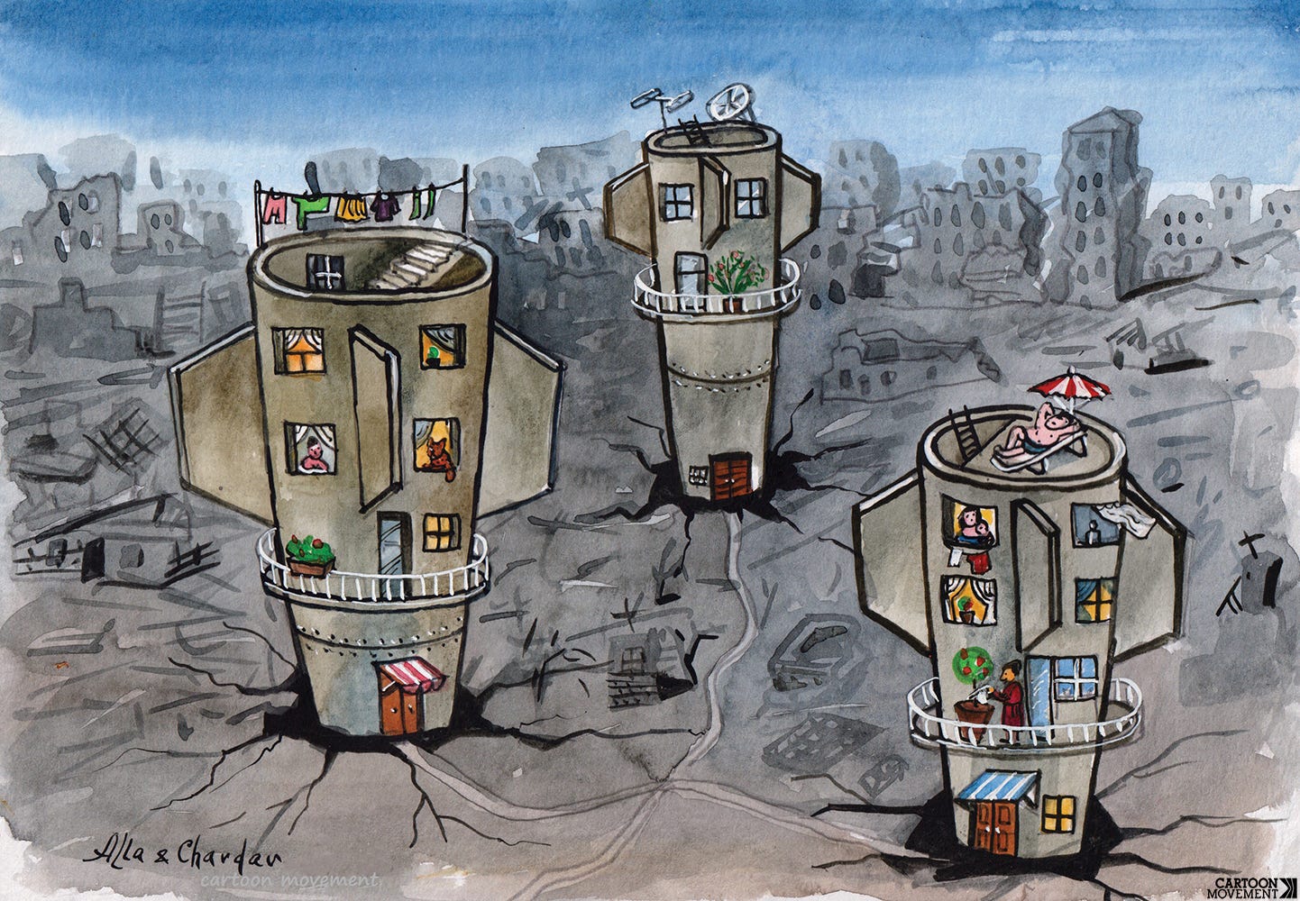 Cartoon showing a city landscape devastated by war. The shells of giant missiles that have fallen are now being used by people as apartment buildings to live in.