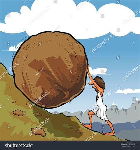 Illustration Of King Sisyphus Rolling A Boulder Up The Hill ...