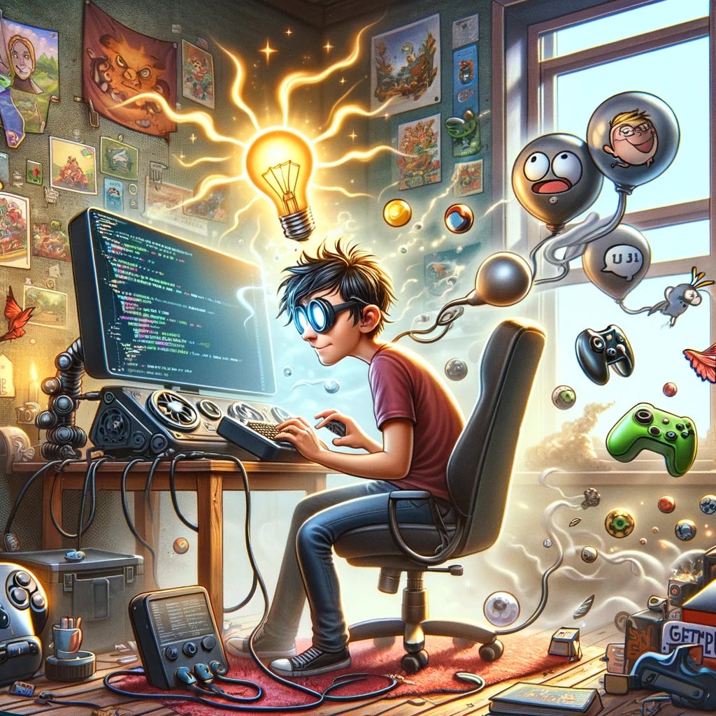 A whimsical scene depicting a gamer using a Steam Deck, surrounded by humorous and exaggerated visual elements that suggest superhuman abilities. The gamer is focused intently on the screen, with cartoonish light bulbs flashing above their head, symbolizing great ideas or epiphanies. Around them, floating game icons and code snippets hover in the air, representing their enhanced gaming skills and newfound understanding of software. The room is cozy and filled with gaming memorabilia, posters, and a comfortable gaming chair, emphasizing a lighthearted and imaginative gaming environment.