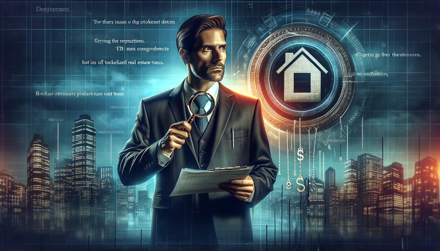 Create an image that captures the essence of a drama about an IRS agent confronting the complexities of tokenized real estate taxes, without any text for a movie poster look. Center a confident IRS agent in a classic suit, holding a magnifying glass over a symbolic representation of a tokenized property, which appears as a digital deed with bits and bytes emanating from it. The background blends a classic cityscape with subtle digital elements, suggesting a modern but not overly futuristic setting. The scene should invoke elements of suspense and intrigue, using a color palette of deep blues and greys to set a serious tone, while removing all textual elements to focus purely on the visual storytelling.