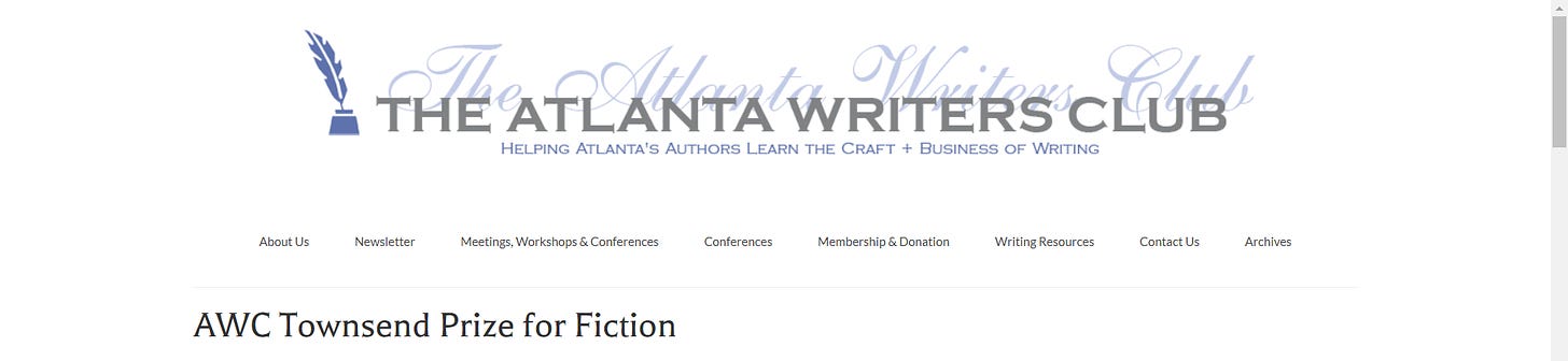 Screenshot of the website linked below, with a graphic of a quill in an inkwell and the words "The Atlanta Writer's Club" in large font across the top and the title "AWC Townsend Prize for Fiction"