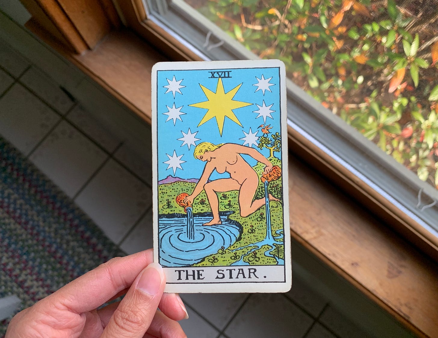 A hand is holding a tarot card, The Star, by Pamela Colman Smith. In the image a naked person is kneeling with one foot on land and one in water. They are pouring water in two places, on earth and in the water. Above them is a bright yellow star with white stars around it. They are looking at the water.