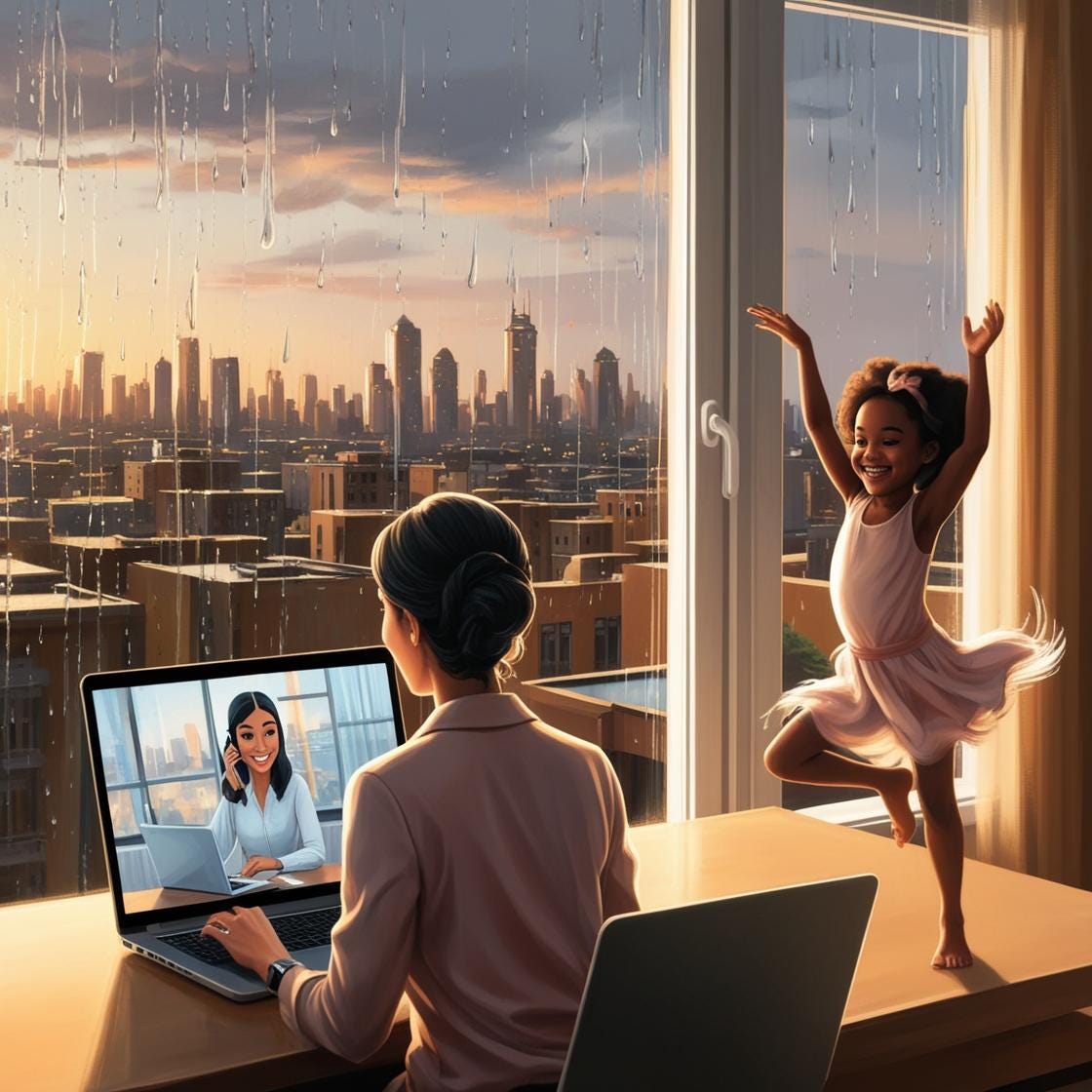 An animated golden image of a cityscape through a window, with a reflection of a woman on a Zoom call and, in the background, her daughter dancing alone in the living room.