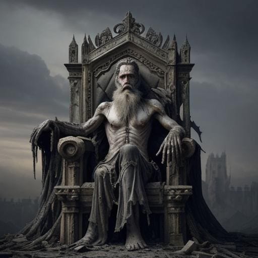 An Old, decaying, and skin and bone Christian God with a long ashy beard dying on a throne, surrounded by a crumbling ca...