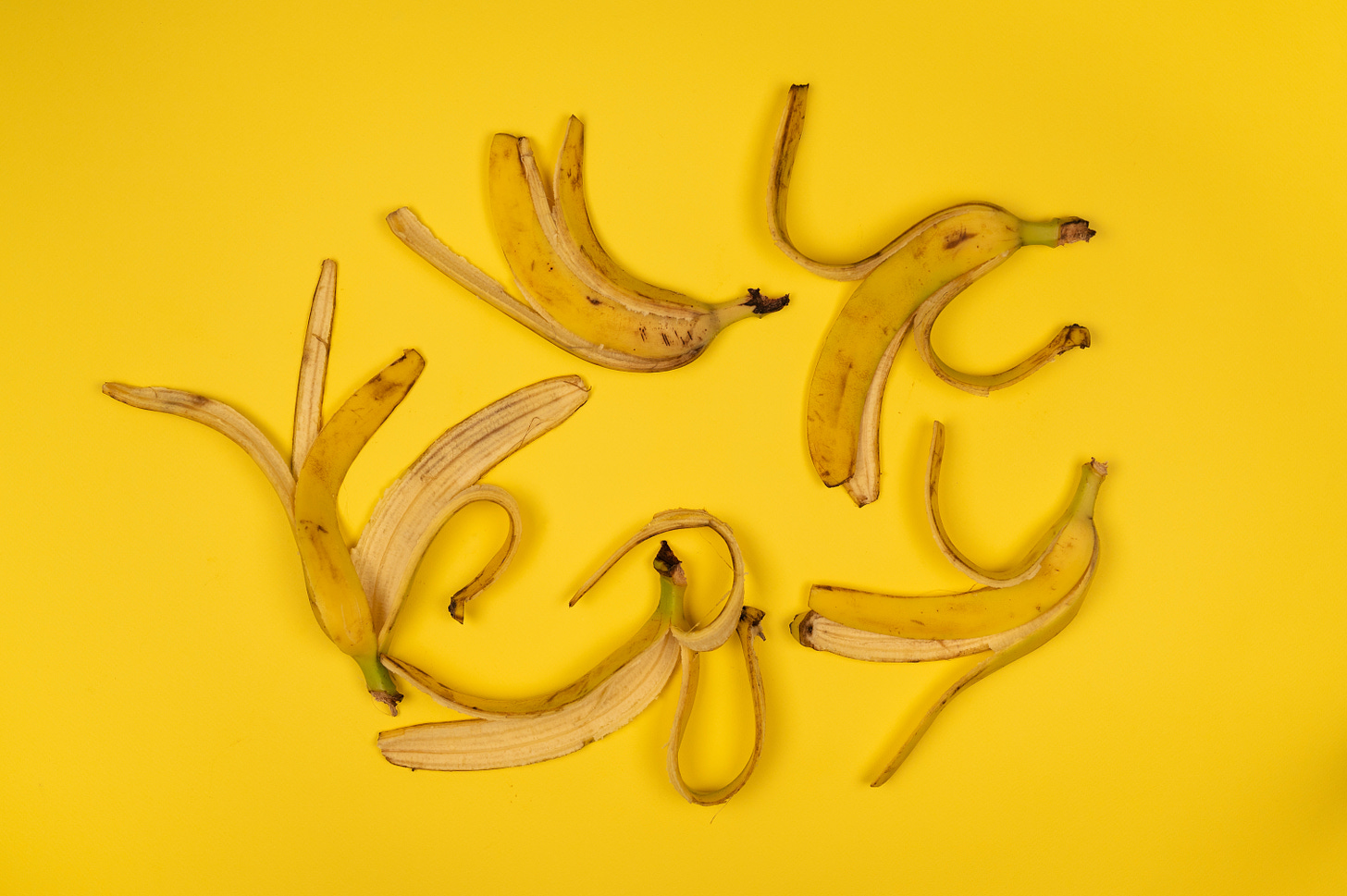 picture of five banana peels on a yellow background