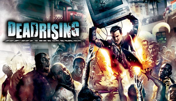 Art from the original Dead Rising, featuring protagonist Frank West holding a CRT television over his head, preparing to hit the horde of zombies with it. The game's logo is on the left, and Frank is surrounded inside of a mall.