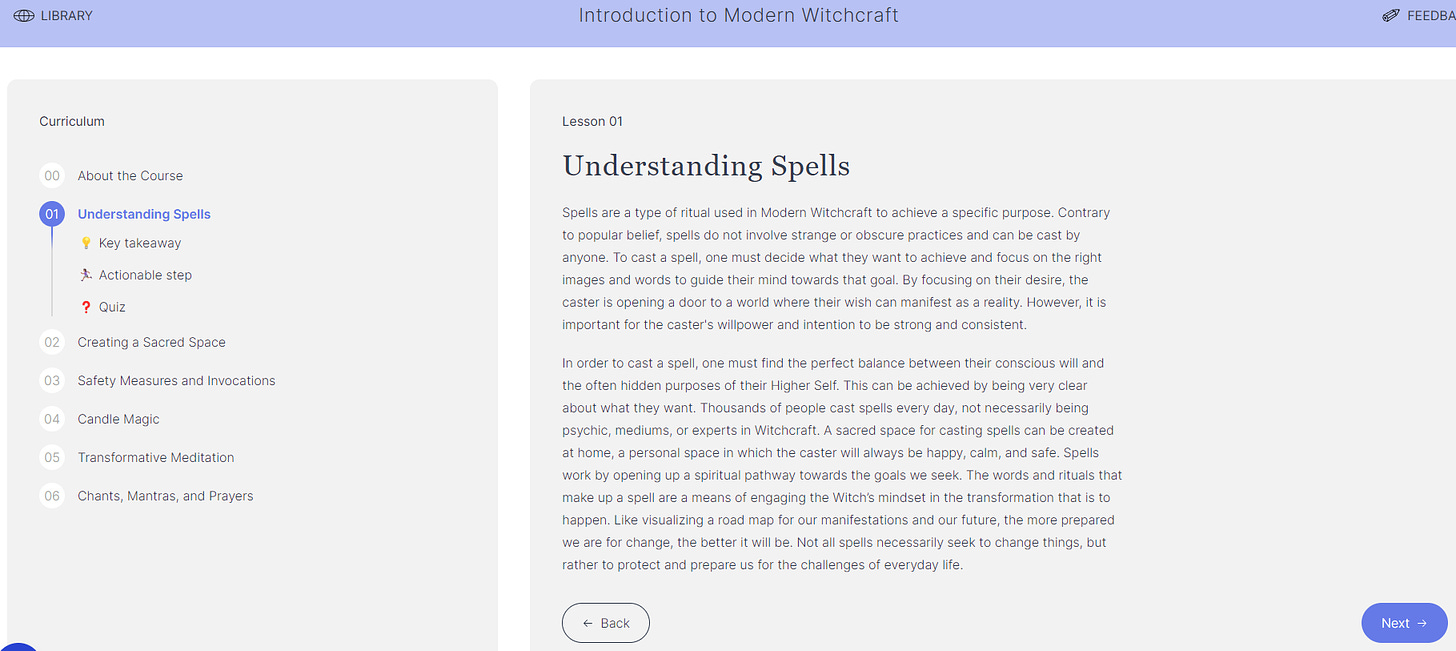 Courseau course about Spells and Witchcraft, based on a YouTube video