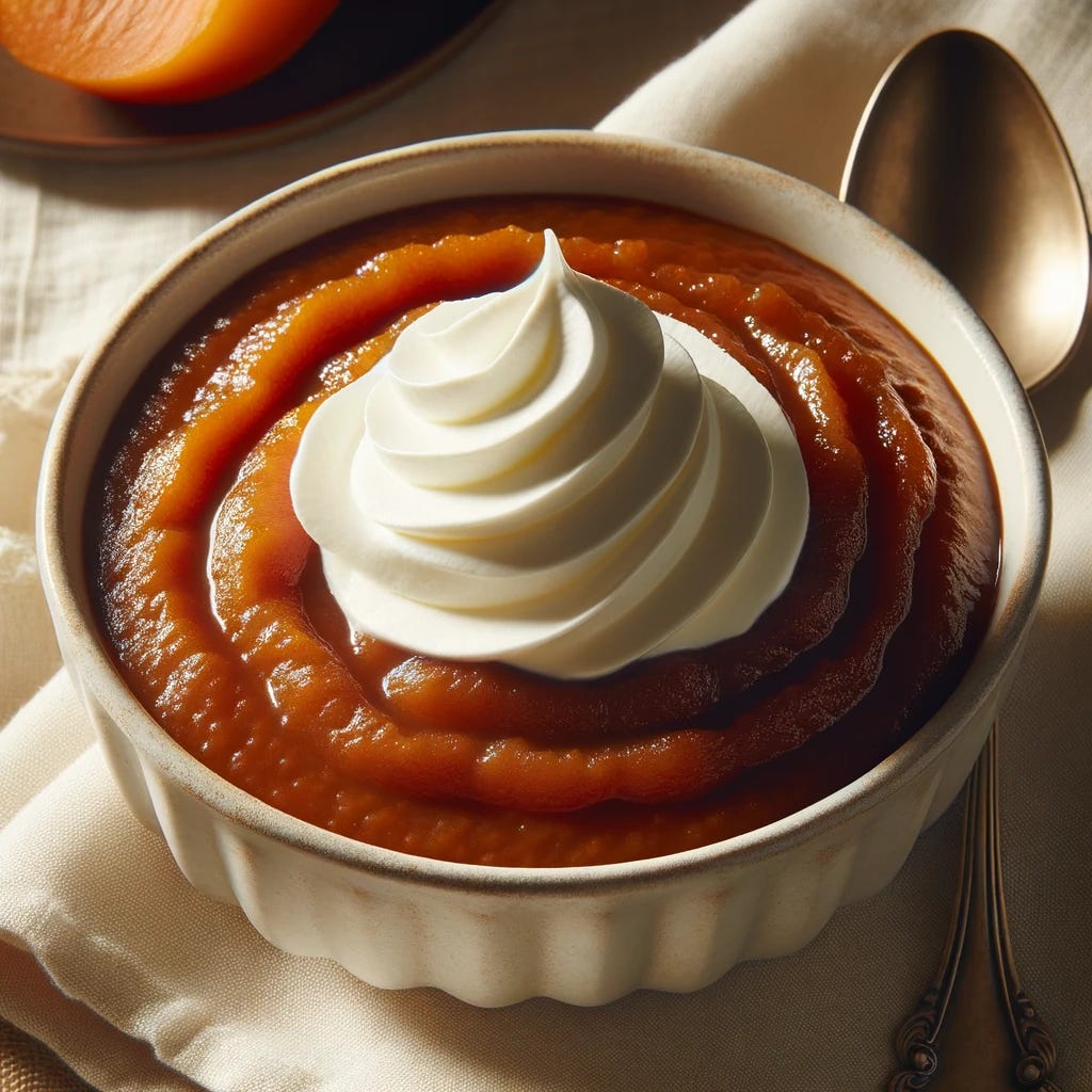 Photo of a dish containing Indiana persimmon pudding. The pudding has a rich brown color, topped with a dollop of fresh whipped cream. The texture appears smooth with slight variations, and it's served in a white ceramic bowl with a silver spoon resting beside it on a cloth napkin.