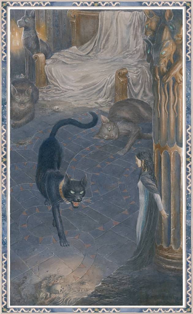 A watercolor illustration in portrait orientation showing Tevildo, a large black cat with a gold collar, sinisterly approaching Tinuviel, who is standing with her back pressed to a pillar.