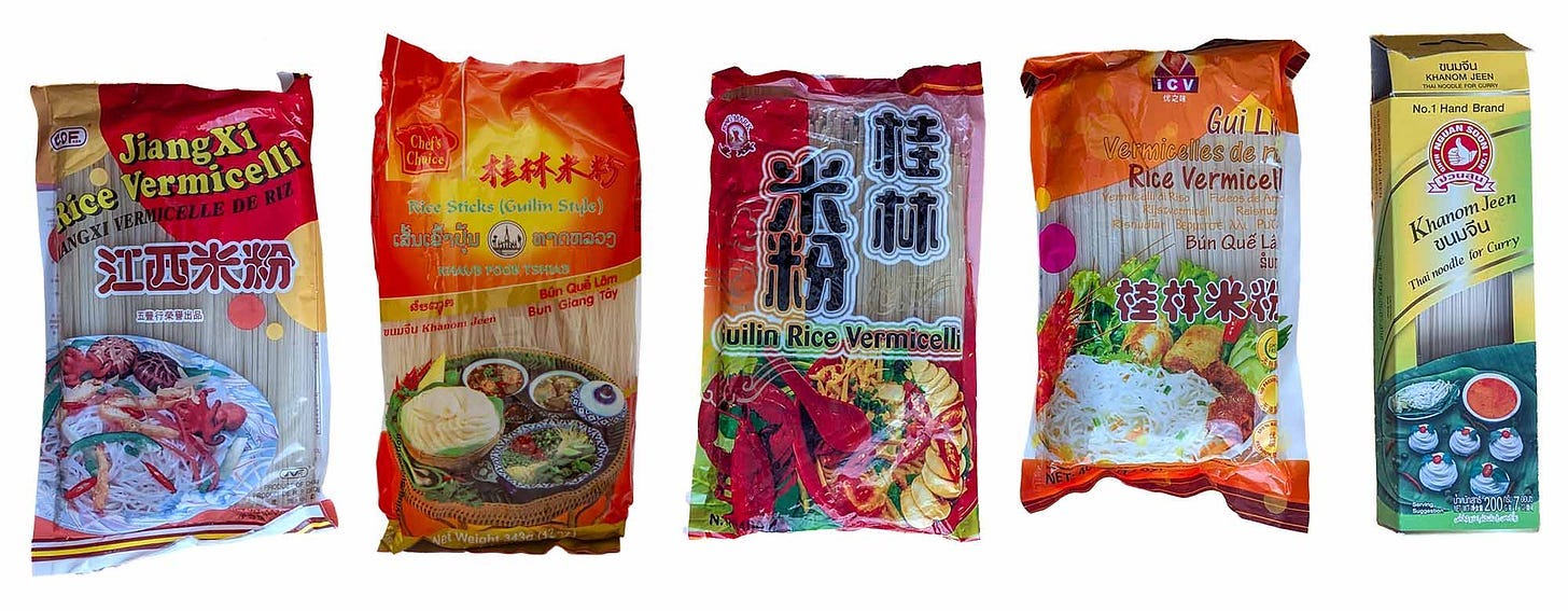 A selection of five different types of dried kanom jeen noodles