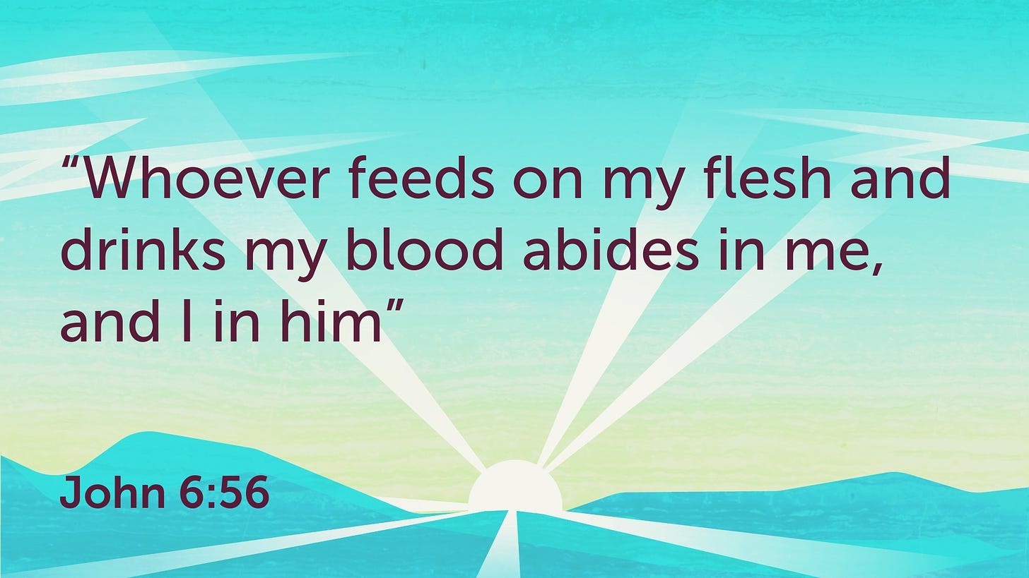"Whoever feeds on my flesh and drinks my blood abides in me, and I in him"