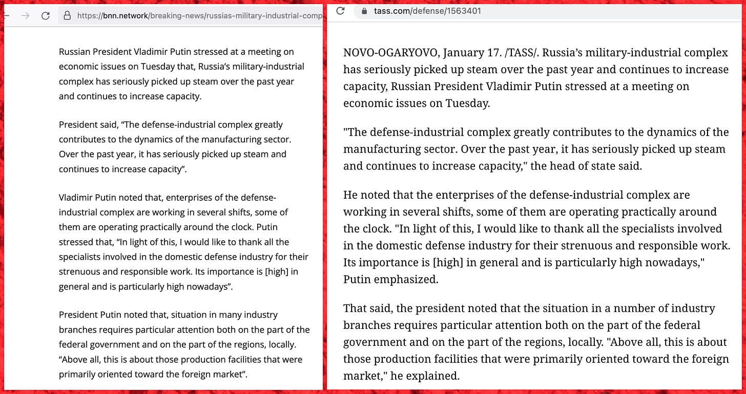 paragraphs from a BNN article on Russia's military-industrial complex, and paragraphs from a similar TASS article the BNN article was presumably copied from