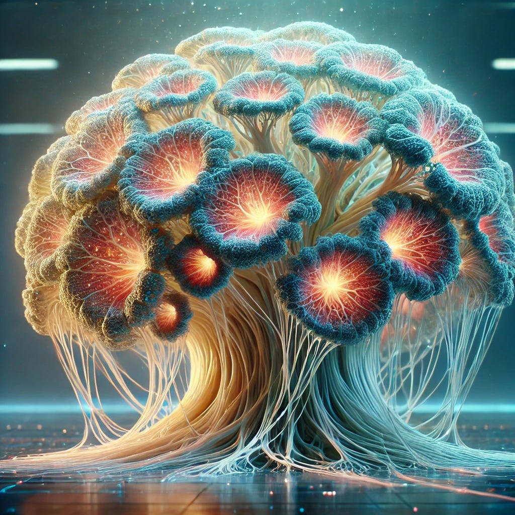 A futuristic and organic hybrid network called 'The Living Core,' capable of processing complex computations with almost no energy waste. The Living Core appears as an ethereal, glowing structure with interconnected bioprocessors combining fungal mycelium networks, neuron clusters, and brain organoid components. The structure has a vibrant, otherworldly glow, with tendrils of light and energy gently pulsing through it, resembling natural roots and neural pathways. The atmosphere is both advanced and alive, set in a softly lit lab or natural environment, showcasing harmony between technology and nature.