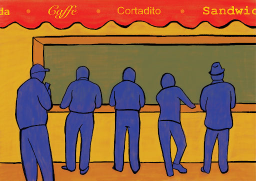 A simple line drawing of older men at the window of a cafeteria. They all have their backs to us so we cannot see their faces and they are shaded in blue so we cannot determine their skin coloring. The awing of the cafeteria has the following words printed across it: caffe spelled the Italian way, cortadito (a cuban milk and espresso style), and sandwich.  