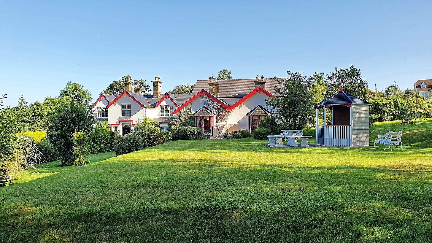 A view of the Killeen House Hotel's gardens and gazebo.