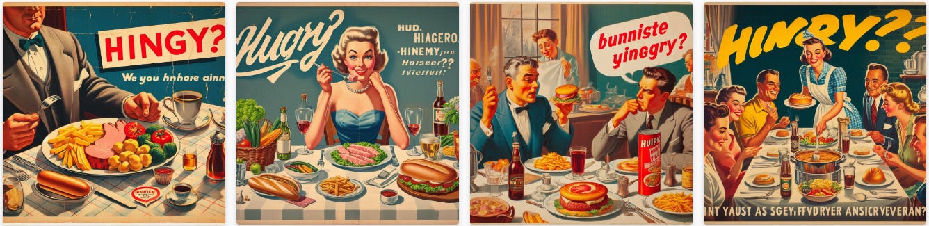 Vintage 1950s poster for a diner with the word "Hungry?" - by DALL-E 3 (4 image grid)