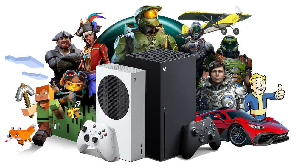 An Xbox Series X and S surrounded by a group of Xbox game characters