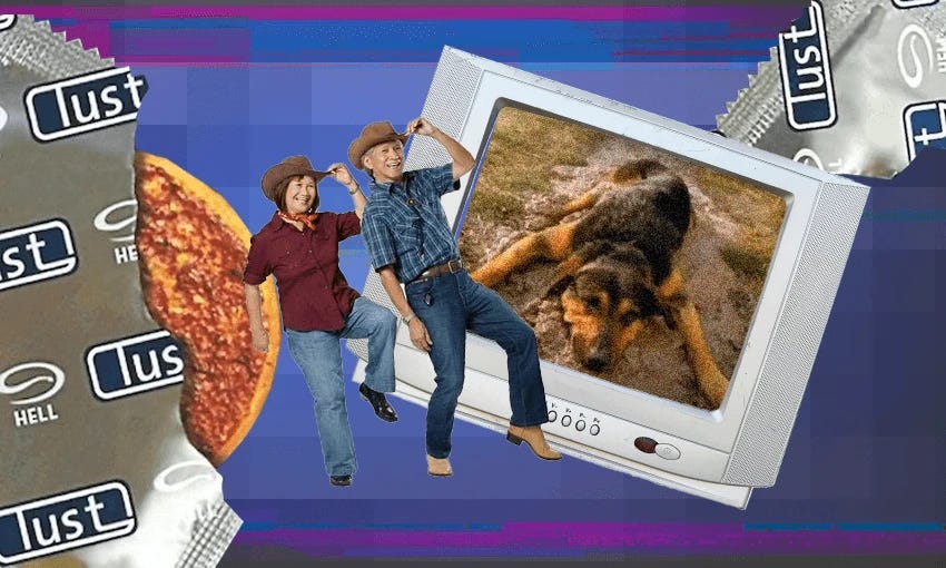 "Surreal collage featuring a variety of elements: a cowboy couple dancing, a TV showing a dog lying down, and large condom wrappers labeled 'lust' and 'hell' in the background. The overall aesthetic is chaotic and playful with a blue and purple checkered backdrop."