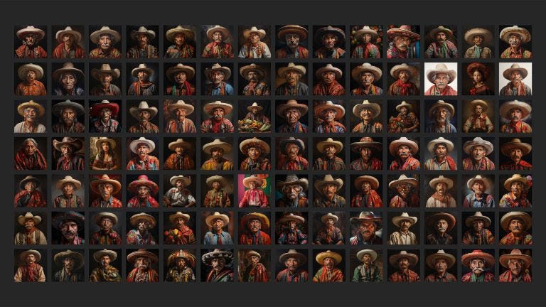 A photo collage showing a grid of 98 square images of mainly men wearing hats.