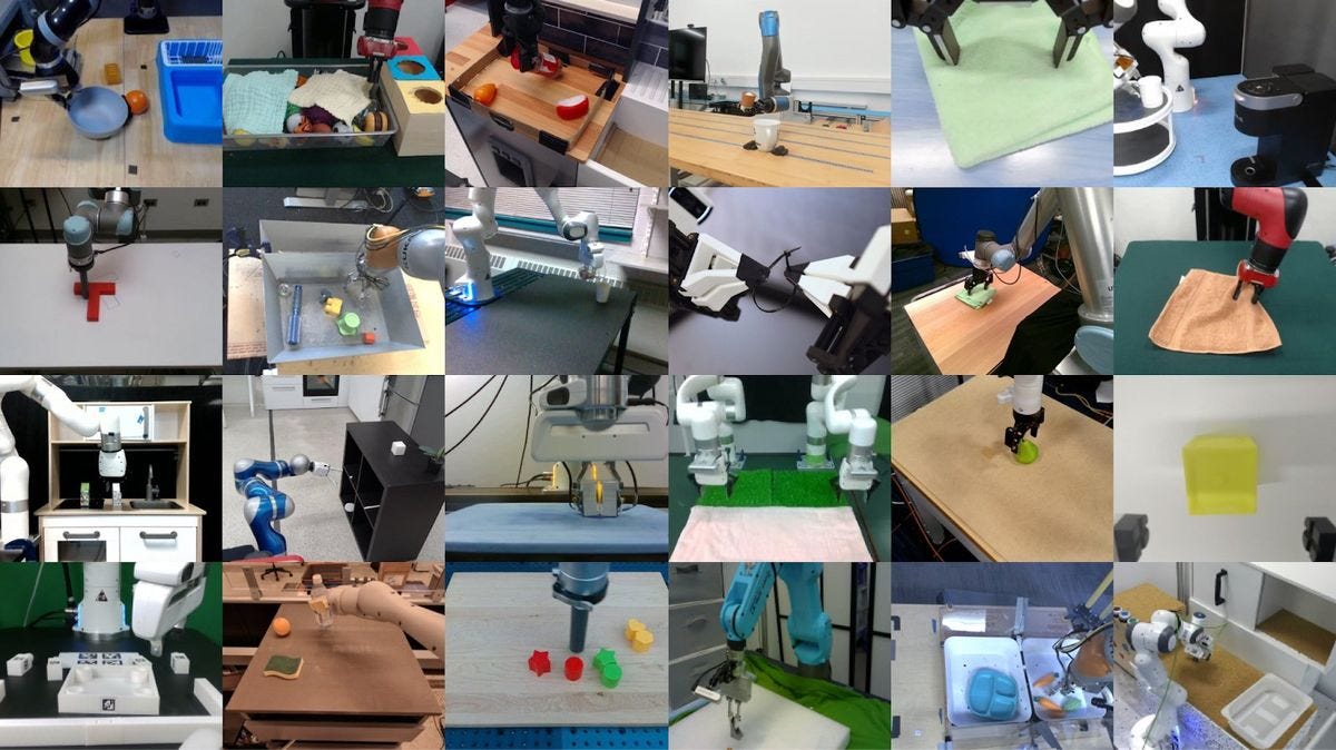 ​A set of 24 images show different types of robot arms performing manipulation tasks with objects like toys, cups, and towels.