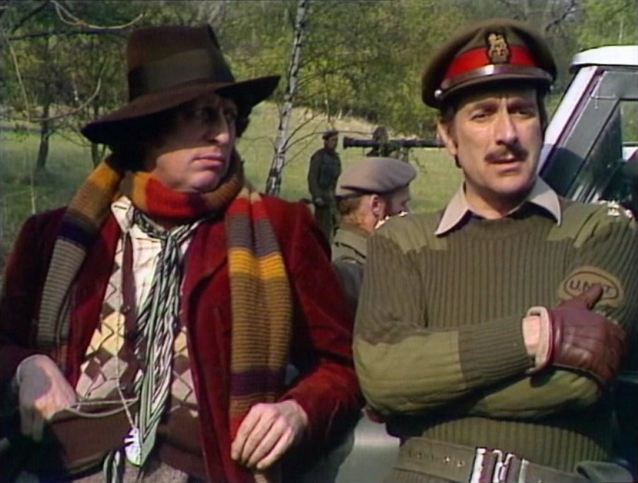 The Brigadier with the fourth Doctor in Robot
