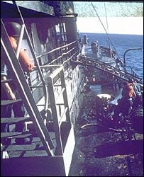 USS Liberty port side showing fire damage (pic courtesy ussliberty.org)