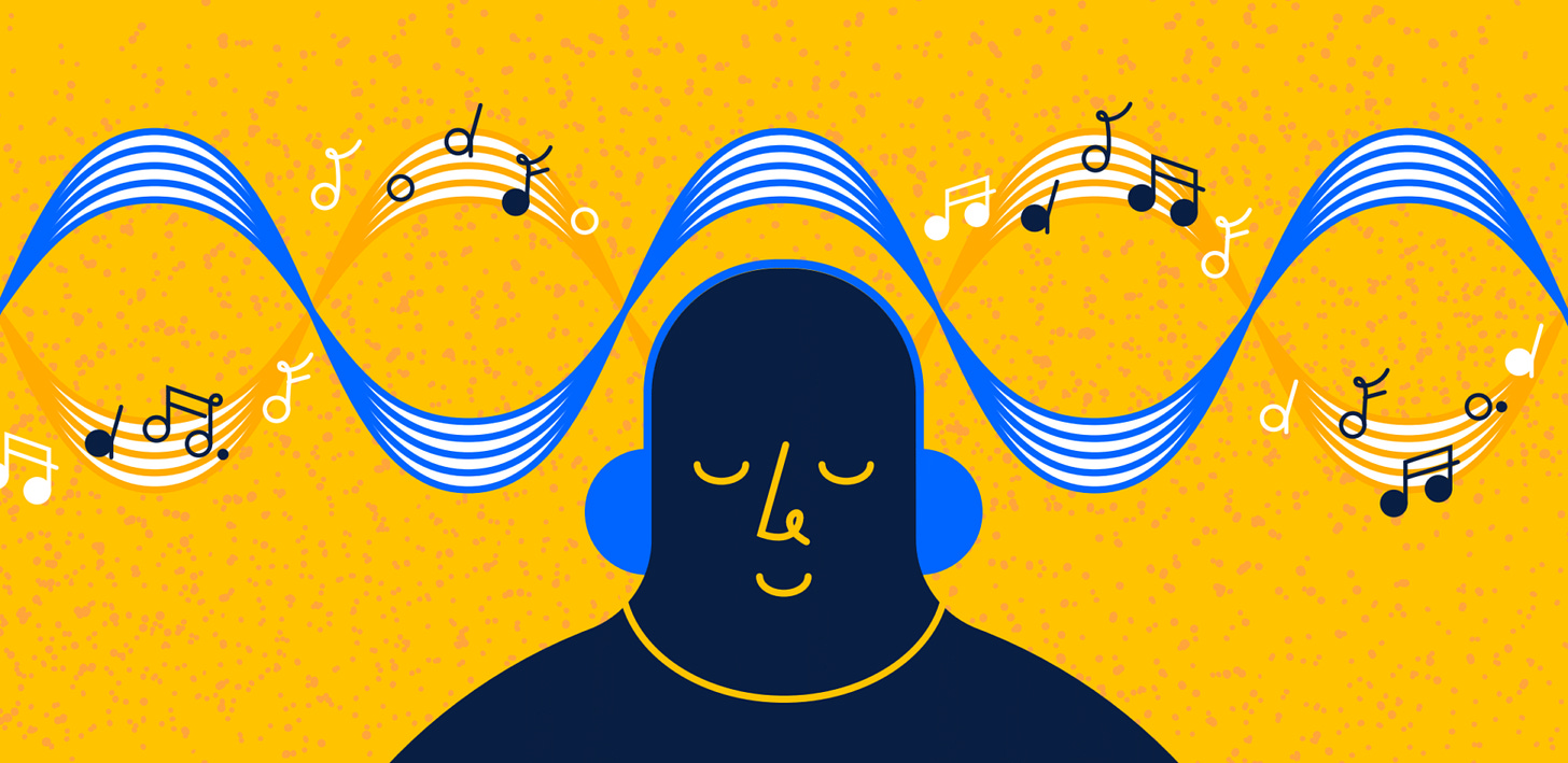 A person wearing headphones while sitting under a music score, illustrating a flow state of mind