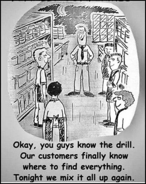 May be a cartoon of one or more people and text that says '@ 7ラ35ラ7 頭29 Okay, you guys know the drill. Our customers finally know where to find everything. Tonight we mix it all up again.'