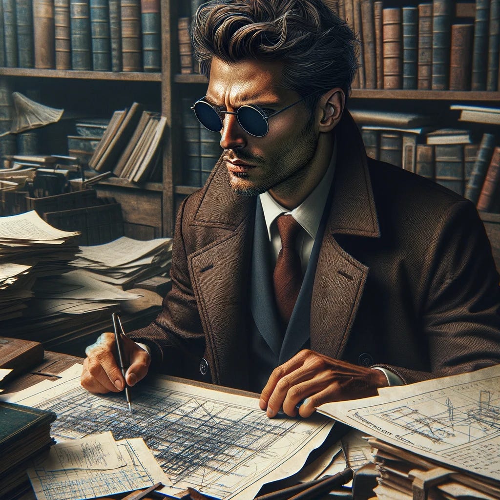 Refine the image to portray a scholarly man with a balanced masculine appearance, wearing sunglasses, focused on his studies in a cluttered library. This version moderates the emphasis on ruggedness, aiming for a more approachable yet still distinctly masculine character. The man's features are strong but not overly exaggerated, blending intellect and subtle strength. The sunglasses add a touch of mystery and style without overwhelming his scholarly demeanor. The library remains a haven of chaos from relentless research, with books, papers, and charts enveloping him in an academic pursuit. His interaction with the materials around him showcases a blend of dedication and a calm, collected presence, embodying the essence of a modern intellectual.