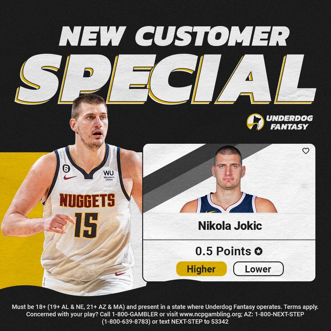 NBA player props from Underdog Fantasy is Nikola Jokic over 0.5 points. 