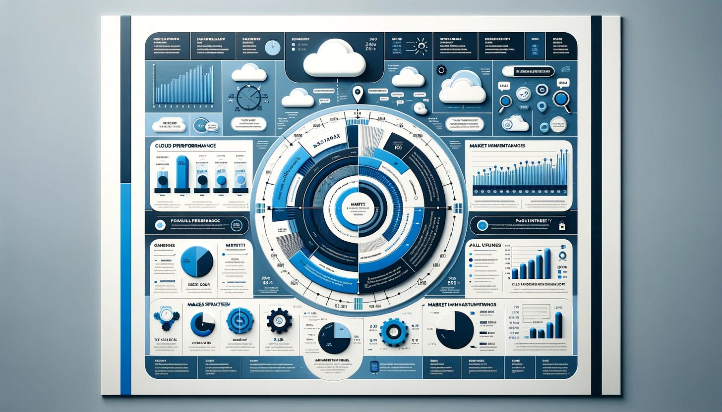 A streamlined, visually engaging infographic for a business analysis of Zscaler, a cloud security company, focusing solely on visuals with minimal to no text for clarity. The infographic should be wide, with key visuals such as a large graph for Financial Performance, pie charts for Profitability, and simple icons representing Market Misunderstandings and Sales Strategy. All text elements should be made blurry or removed entirely, emphasizing the visual data representation. Use Zscaler's color scheme of blues and whites, maintaining a modern and professional design.