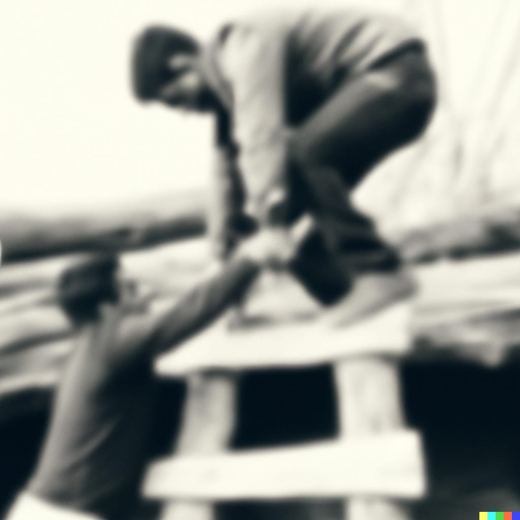 an AI-assisted faux "photo" - black and white of two men, with one assisting the other up onto a platform