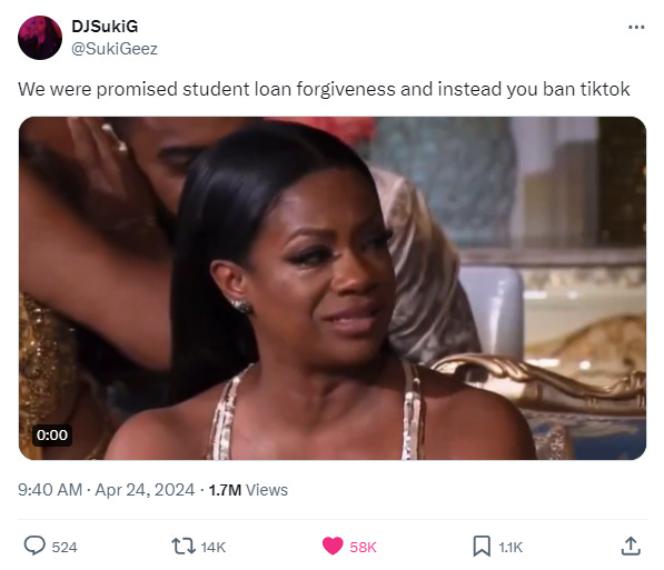 Image description: A Tweet reading "we were promised student loan forgiveness and you ban tiktok" with a reaction image of a Black woman crying