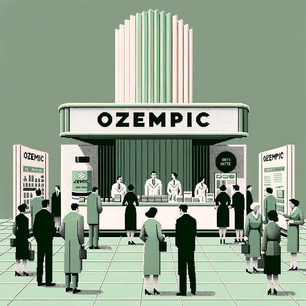 Digital artwork combining mid-century design with pixel art elements, set against a muted sage green background. The scene portrays a health and wellness expo, with a prominent booth showcasing 'Ozempic' and its benefits. Grayscale figures of diverse shapes and sizes approach the booth with interest. Pixelated details, like health pamphlets or product samples, can be seen around, hinting at the digital age's influence on health trends.