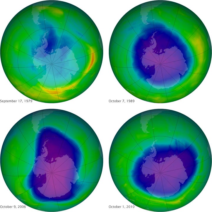 images shows four green circles representing Earth, labeled Sept 17, 1979, Oct 7, 1989, Oct 9, 2006, and Oct 1, 2010. Each has a blue blob that is the ozone layer