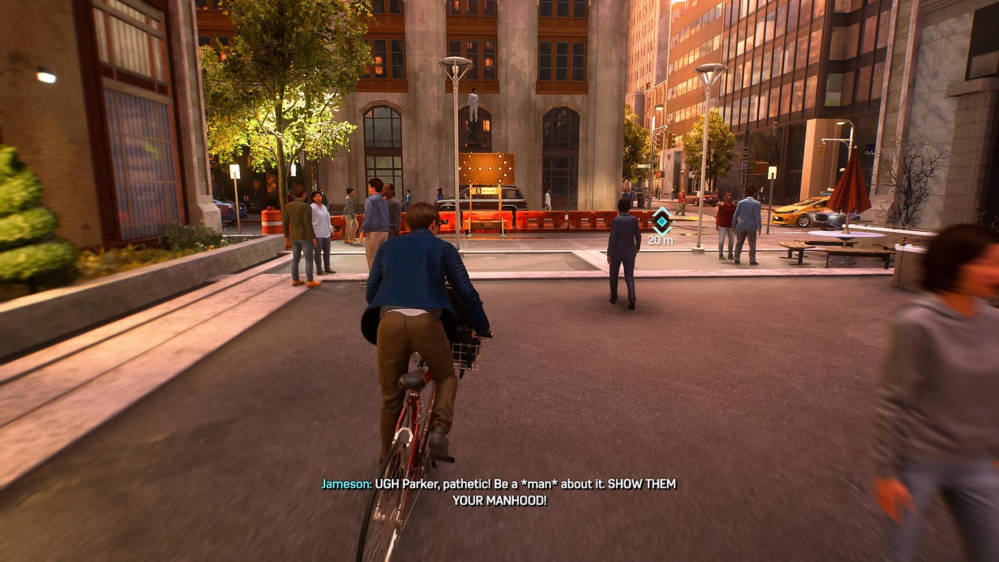 a younger Peter Parker bikes through New York City during sunset. Jameson, on the phone, says "Be a man about it! Show them your manhood!"