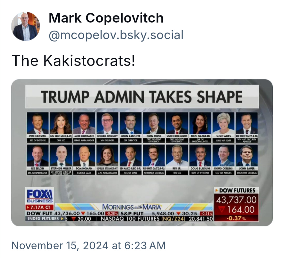 A Bluesky post by Mark Copelovitch depicting a Fox Business screenshot of thumbnail portraits of 20 Trump administration appointees. Above the "TRUMP ADMINISTRATION" headline Copelovitch has written "The Kakistocrats!"