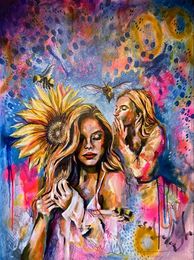 This may contain: a painting of two women with sunflowers on their heads and one woman holding her head