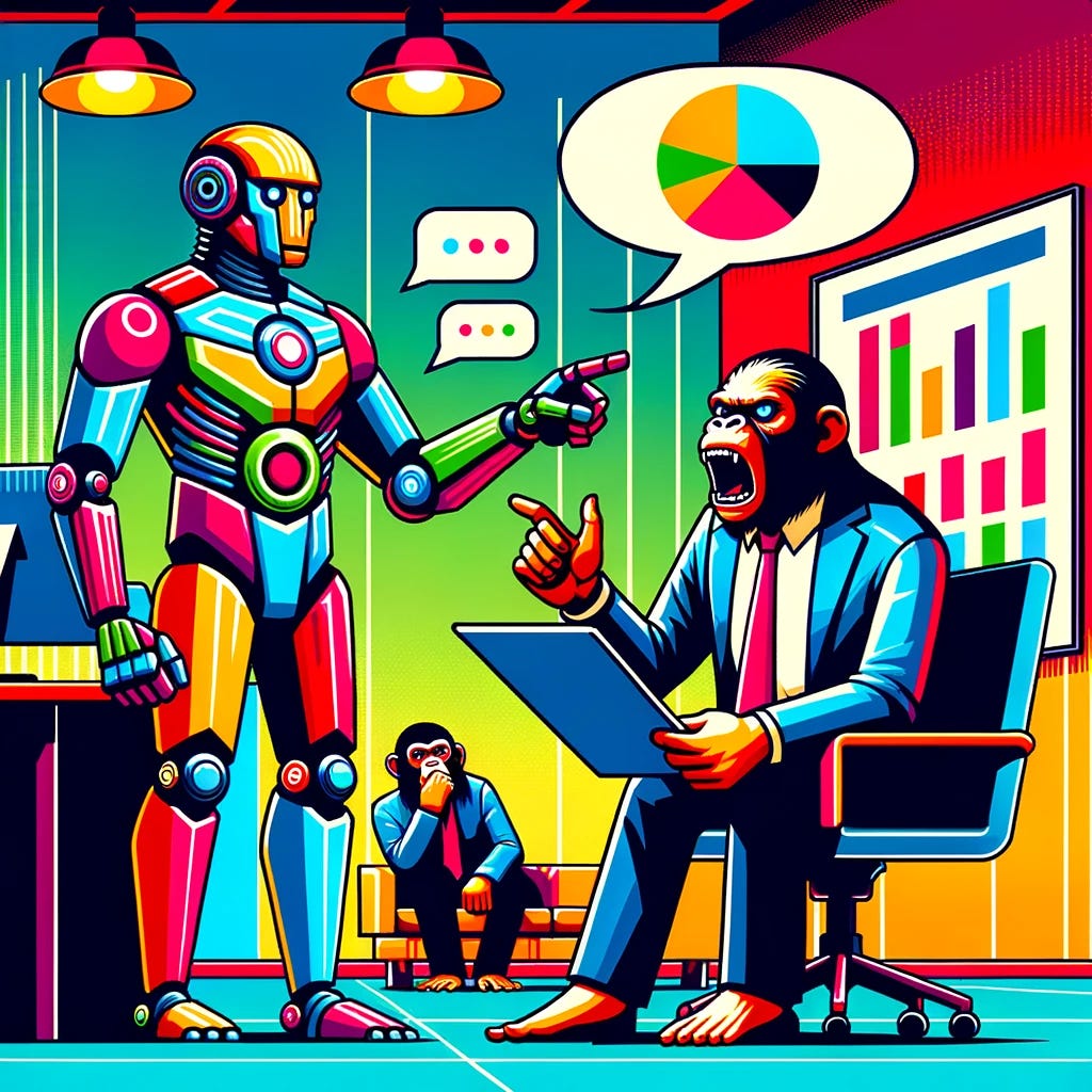 In a vibrant, vector art style office setting, a humanoid robot with a colorful, geometric design calmly presents a graph on a digital screen to an ape CEO, who is depicted with exaggerated features expressing anger and frustration. The robot's design is simplistic yet futuristic, using bold lines and flat colors. Nearby, another ape, depicted in stylized vector art fashion as a nervous employee, watches the interaction with a worried expression, exaggerated for effect. The scene includes abstract speech bubbles to indicate a discussion, designed with bold outlines and filled with geometric patterns instead of words, capturing the essence of a difficult feedback session. The office environment is rendered in bright, contrasting colors typical of vector art, with simplified furniture and decorative elements that emphasize the unique, graphic style of the artwork.