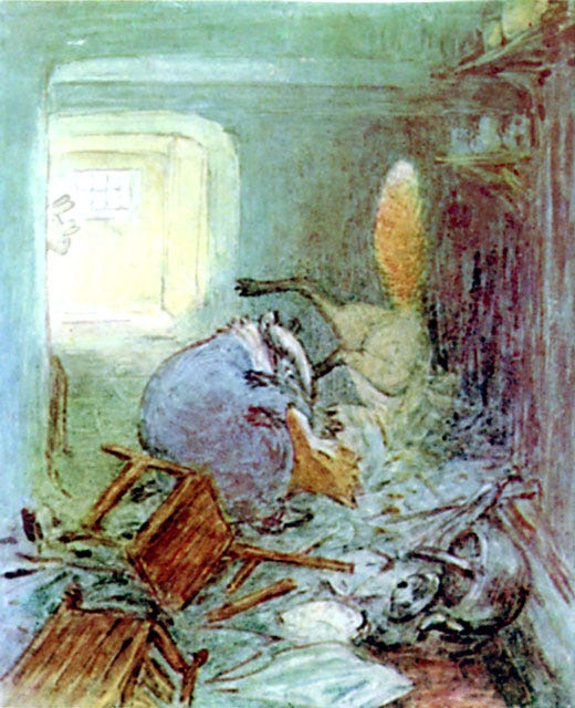 Illustration of Tommy Brock and Mr. Tod fighting in "The Tale of Mr. Tod"