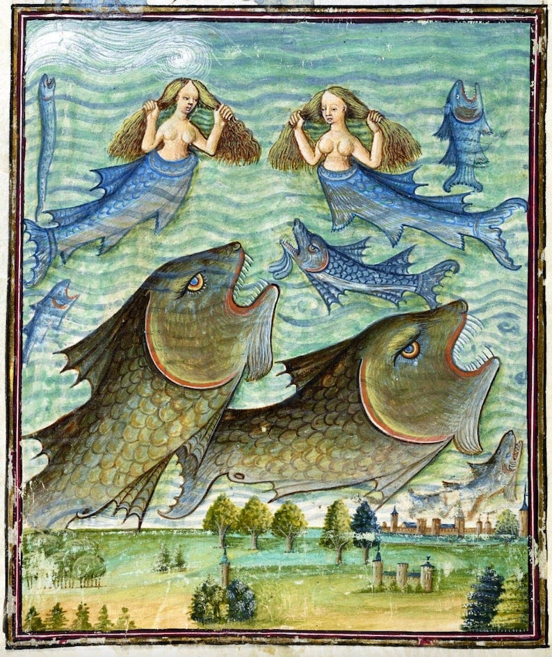 Sea Creatures of Doom Renaissance Print, apocryphal, religious propaganda, home decor, mermaids, sea monsters, renaissance art print image 1