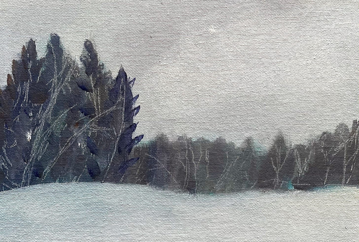 painted winter scene with dark trees on grey snow drifts