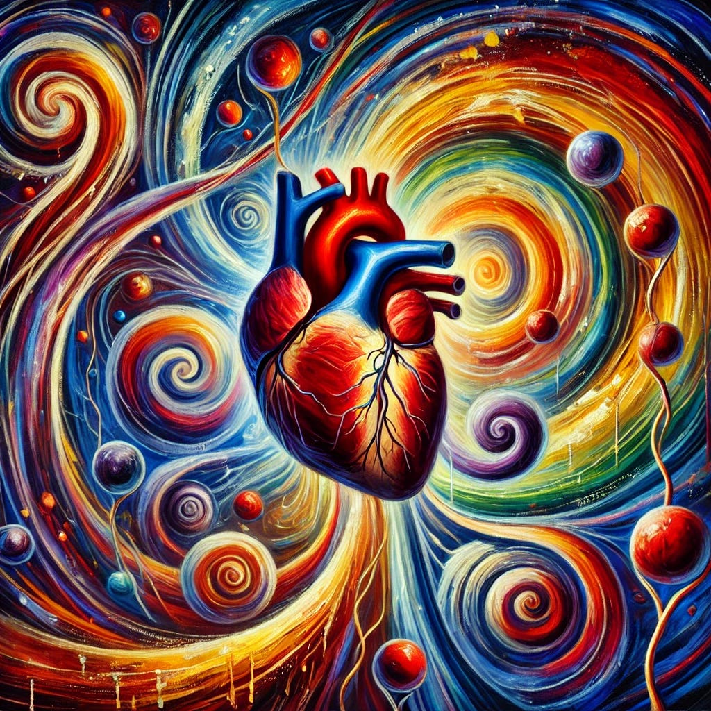 An abstract oil painting representing the heart and circulatory system in a symbolic and dynamic way. The composition features swirling shapes and colors, including deep reds, blues, purples for blood vessels, and bright yellows and greens for vitality and energy. Incorporate spiraling forms to symbolize the vortex motion of blood, interwoven patterns representing the capillary system, and splashes of vibrant colors to reflect metabolic flexibility and the heart's energy sources. The overall painting should be vibrant, expressive, and convey the heart's continuous movement and its connection to health.